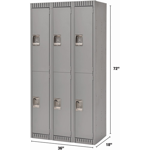 Lockers, 2 -tier, Bank of 3, 36" x 18" x 72", Steel, Grey, Rivet (Assembled) Haskins Industrial Inc.