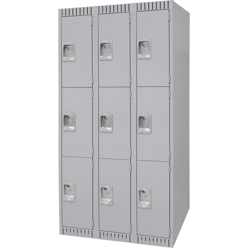 Lockers, 3 -tier, Bank of 3, 36" x 18" x 72", Steel, Grey, Knocked Down Haskins Industrial Inc.