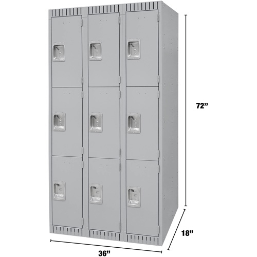 Lockers, 3 -tier, Bank of 3, 36" x 18" x 72", Steel, Grey, Knocked Down Haskins Industrial Inc.