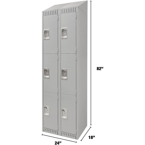 Lockers, 3 -tier, Bank of 2, 24" x 18" x 82", Steel, Grey, Knocked Down Haskins Industrial Inc.