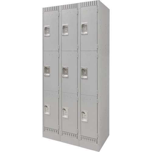 Lockers, 3 -tier, Bank of 3, 36" x 18" x 76", Steel, Grey, Knocked Down Haskins Industrial Inc.
