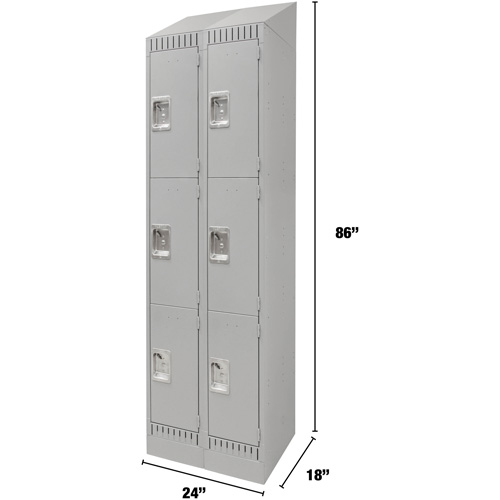 Lockers, 3 -tier, Bank of 2, 24" x 18" x 86", Steel, Grey, Knocked Down Haskins Industrial Inc.