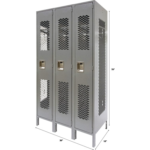 Vented Lockers, Bank of 3, 36" x 18" x 78", Steel, Grey, Knocked Down, Perforated Haskins Industrial Inc.