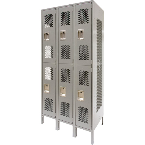 Vented Lockers, 2 -tier, Bank of 3, 36" x 18" x 78", Steel, Grey, Knocked Down, Perforated Haskins Industrial Inc.