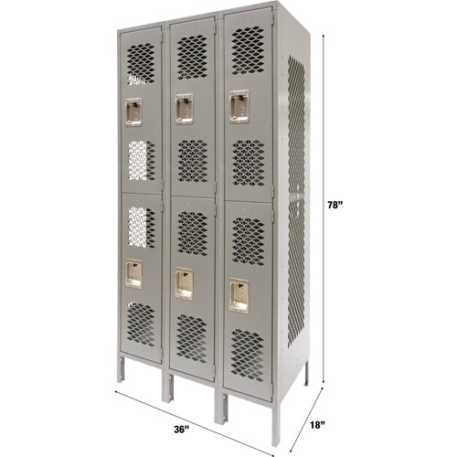 Vented Lockers, 2 -tier, Bank of 3, 36" x 18" x 78", Steel, Grey, Knocked Down, Perforated Haskins Industrial Inc.