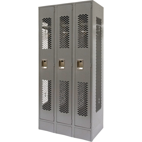 Vented Lockers, Bank of 3, 36" x 18" x 78", Steel, Grey, Knocked Down, Perforated Haskins Industrial Inc.