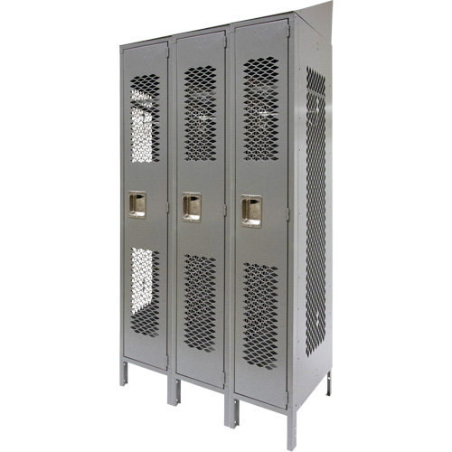 Vented Lockers, Bank of 3, 36" x 18" x 88", Steel, Grey, Knocked Down, Perforated Haskins Industrial Inc.