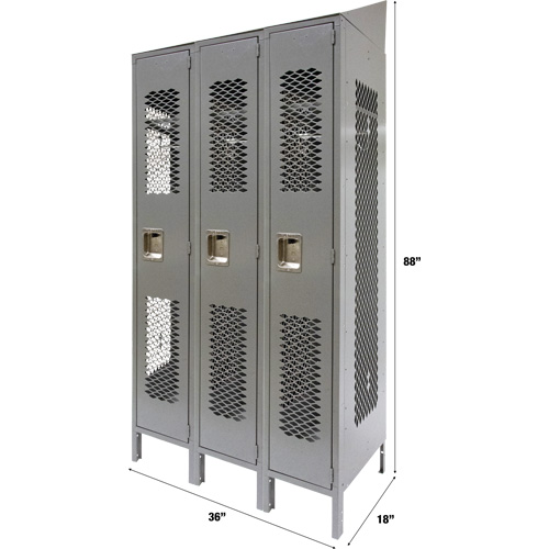 Vented Lockers, Bank of 3, 36" x 18" x 88", Steel, Grey, Knocked Down, Perforated Haskins Industrial Inc.