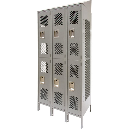 Vented Lockers, 2 -tier, Bank of 3, 36 x 18" x 88", Steel, Grey, Knocked Down, Perforated Haskins Industrial Inc.