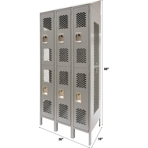 Vented Lockers, 2 -tier, Bank of 3, 36 x 18" x 88", Steel, Grey, Knocked Down, Perforated Haskins Industrial Inc.