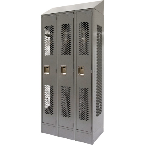 Vented Lockers, Bank of 3, 36 x 18" x 88", Steel, Grey, Knocked Down, Perforated Haskins Industrial Inc.