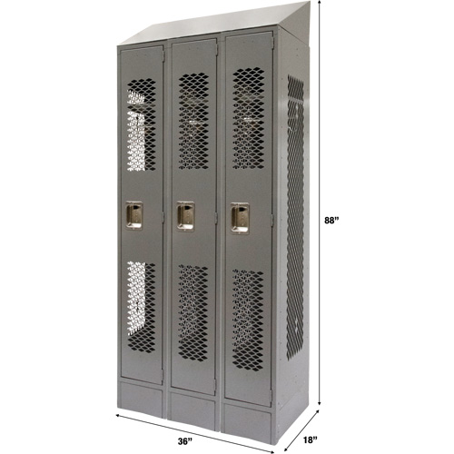 Vented Lockers, Bank of 3, 36 x 18" x 88", Steel, Grey, Knocked Down, Perforated Haskins Industrial Inc.