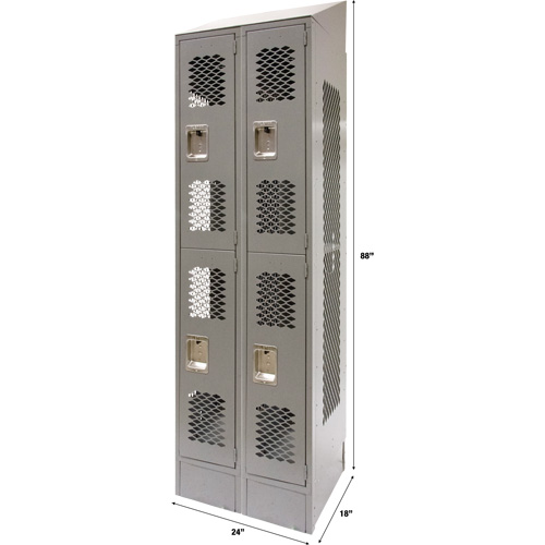 Vented Lockers, 2 -tier, Bank of 2, 24" x 18" x 88", Steel, Grey, Knocked Down, Perforated Haskins Industrial Inc.