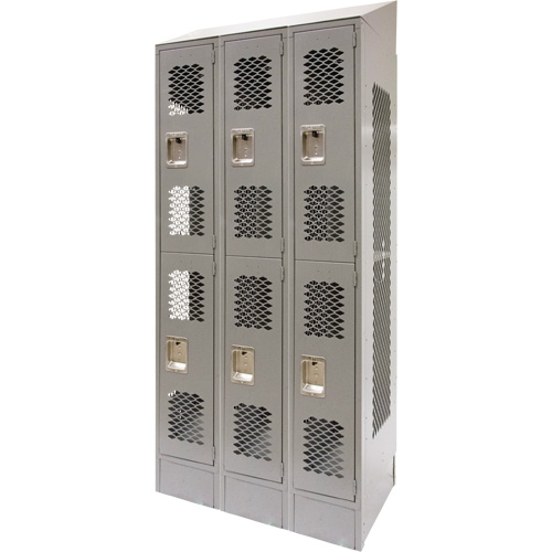 Vented Lockers, 2 -tier, Bank of 3, 36 x 18" x 88", Steel, Grey, Knocked Down, Perforated Haskins Industrial Inc.