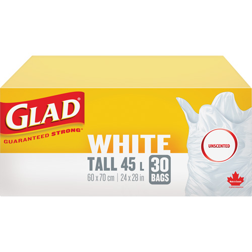 Tall 45L Unscented Garbage Bags, Regular, 24" W x 28" L, White Haskins Industrial Inc.