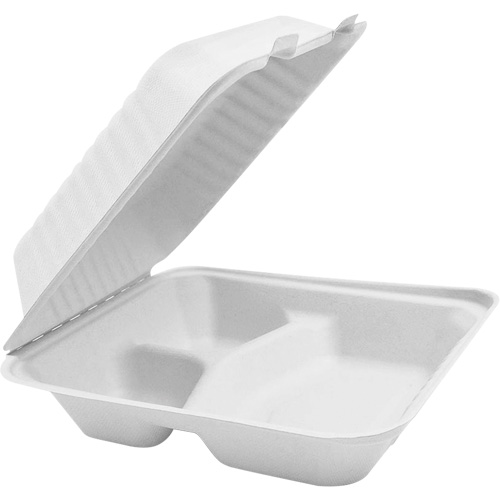 Contenants &agrave; charni&egrave;re pour nourriture compostable avec compartiments, Bagasse, Carr&eacute;e Haskins Industrial Inc.