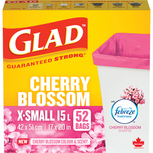 Glad&reg; Cherry Blossom Coloured & Scented Bags, Strong, 17" W x 20" L, Pink, 15 L (3.96 Gal.) Capacity Haskins Industrial Inc.