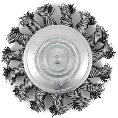 Shaft Mounted Knot Twisted Radial Brush, 3" Dia., 0.02" Fill, 1/4" Arbor, Stainless Steel Haskins Industrial Inc.