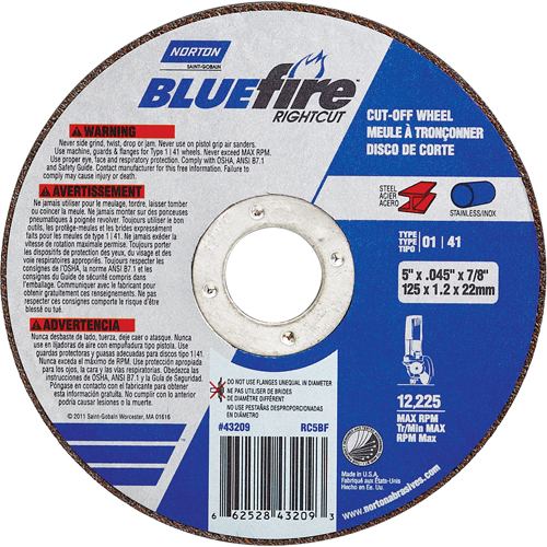 BlueFire&reg; Cut-off Wheel, 4-1/2" x 0.045"/1/16", 7/8" Arbor, Type 01/41, Aluminum Oxide/Zirconium, 13580 RPM Haskins Industrial Inc.