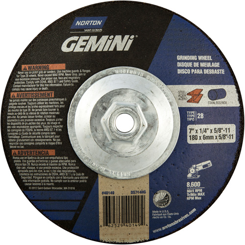 Meule soucoupes Gemini, 7" x 1/4", Arbre 5/8"-11, Oxyde d'aluminium, Type 28 Haskins Industrial Inc.