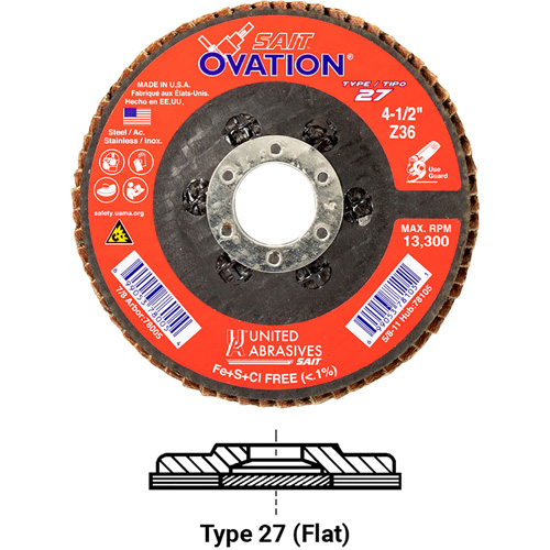OVATION MEULE LAMELLE41/2X5/811 GRAIN36, 4-1/2" x 5/8"-11, Type 27, Grain 36, Zirconium Haskins Industrial Inc.