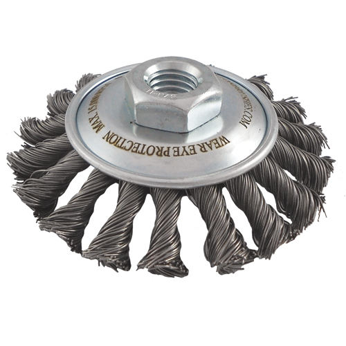 Knotted Wire Wheel Saucer Brushes, 5" Dia., 0.02" Fill, 5/8"-11 Arbor, Steel Haskins Industrial Inc.