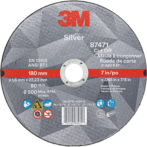 Silver Cut-Off Wheel, 7" x 0.045", 7/8" Arbor, Type 1, Ceramic, 8500 RPM Haskins Industrial Inc.