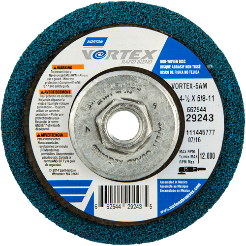 Meule abrasive non tiss&eacute;e &agrave; moyeu d&eacute;port&eacute; Vortez Rapid Blend, 4-1/2" dia., Grain 100-120, Oxyde d'aluminium Haskins Industrial Inc.