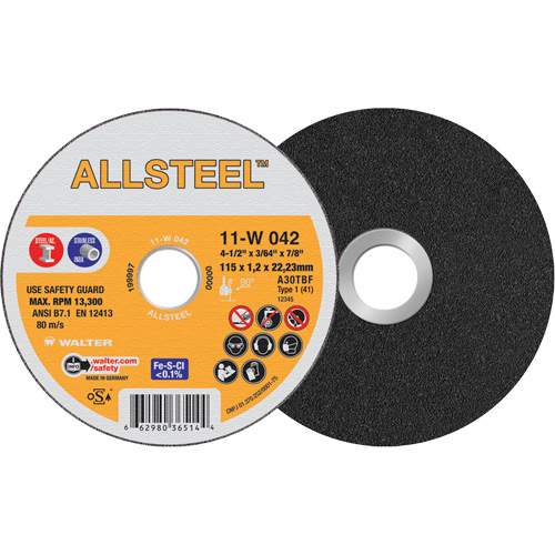 AllSteel Cut-Off Wheel, 4-1/2" x 3/64", 7/8" Arbor, Type 1, Aluminum Oxide, 13300 RPM Haskins Industrial Inc.