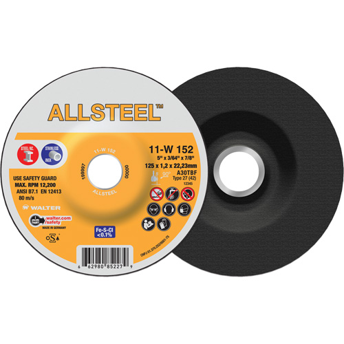 ALLSTEEL Cut-Off Wheel, 5" x 3/64", 7/8" Arbor, Type 27, Aluminum Oxide, 12250 RPM Haskins Industrial Inc.