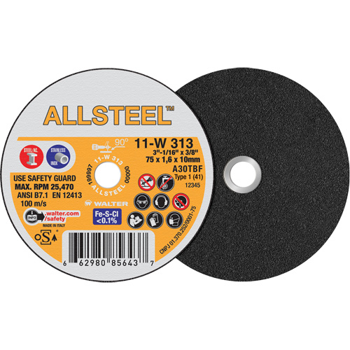 AllSteel Mini Cut-Off Wheel, 3" x 1/16", 3/8" Arbor, Type 1, Aluminum Oxide, 25470 RPM Haskins Industrial Inc.