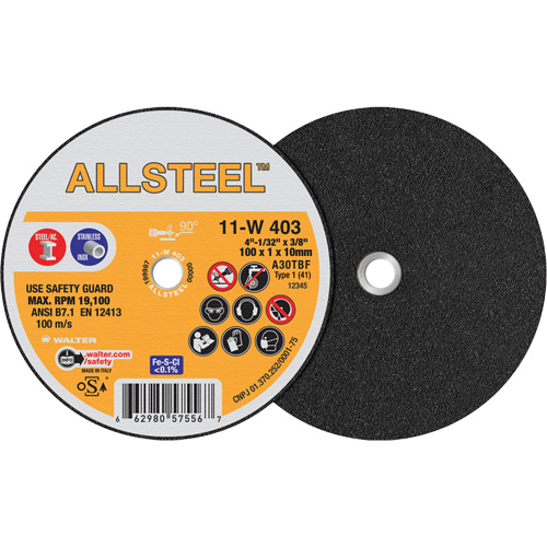 AllSteel Mini Cut-Off Wheel, 4" x 1/32", 3/8" Arbor, Type 1, Aluminum Oxide, 19100 RPM Haskins Industrial Inc.