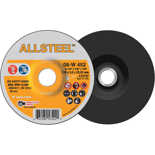 AllSteel Grinding Wheel, 4-1/2" x 1/8", 7/8" Arbor, Aluminum Oxide, Type 27 Haskins Industrial Inc.