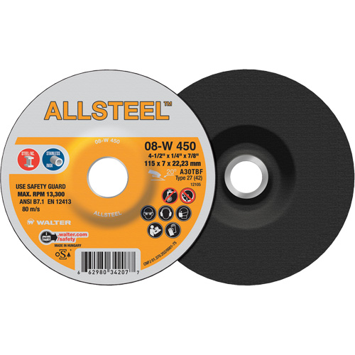ALLSTEEL Grinding Wheel, 4-1/2" x 1/4", 7/8" Arbor, Aluminum Oxide, Type 27 Haskins Industrial Inc.
