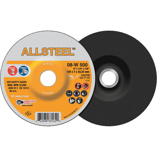 Meule ALLSTEEL, 5" x 1/4", Arbre 7/8", Oxyde d'aluminium, Type 27 Haskins Industrial Inc.