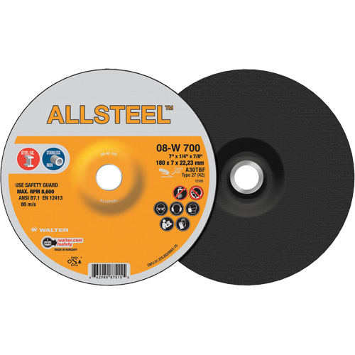 Meule ALLSTEEL, 7" x 1/4", Arbre 7/8", Oxyde d'aluminium, Type 27 Haskins Industrial Inc.