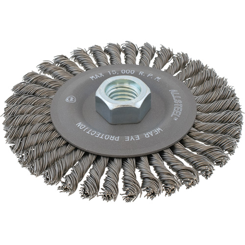 Brosse m&eacute;tallique &agrave; fils &eacute;troits nou&eacute;s AllSteel, Dia. 6-7/8'', Fils 0,02", Arbre 5/8"-11, Acier Haskins Industrial Inc.