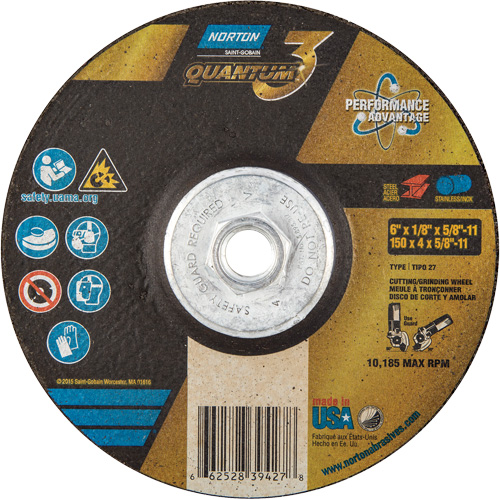 Disque de rectification et de tronçonnage Quantum3, 6" x 1/8", Arbre de 5/8"-11, Type 27, Grain de 24, C&eacute;ramique d'alumine Haskins Industrial Inc.