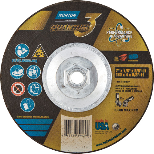 Quantum3 Grinding & Cutting Wheel, 7" x 1/8", 5/8"-11 Arbor, Type 27, 24 Grit, Ceramic Alumina Haskins Industrial Inc.