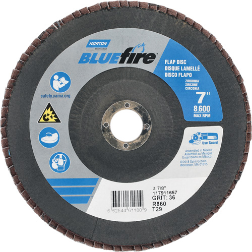 Disque &agrave; lamelle conique centr&eacute; BlueFire R884P/R884V/R860, 7" x 7/8", Type 29, Grain P36, Alumine de zirconium Haskins Industrial Inc.