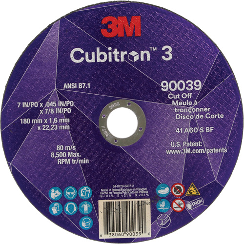 Cubitron 3 Cut-Off Wheel, 7" x 0.09", 7/8" Arbor, Type T27, Ceramic, 8500 RPM Haskins Industrial Inc.