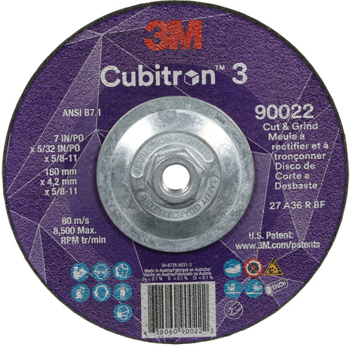Cubitron 3 Cut and Grind Wheel, 7" x 5/32", 5/8"-11 Arbor, Type 27, 36 Grit, Ceramic Haskins Industrial Inc.