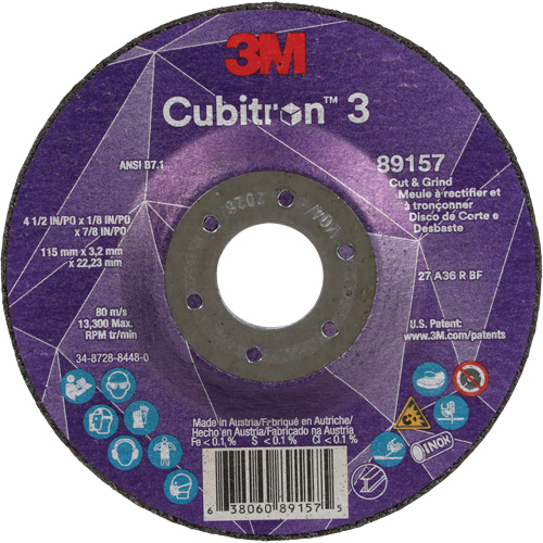 Cubitron 3 Cut and Grind Wheel, 4-1/2" x 1/8", 7/8" Arbor, Type 27, 36 Grit, Ceramic Haskins Industrial Inc.