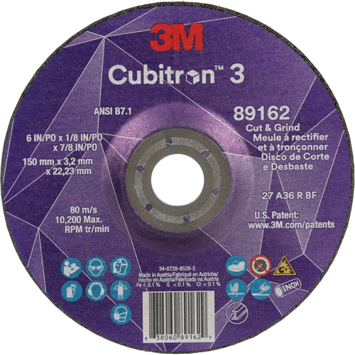 Cubitron 3 Cut and Grind Wheel, 6" x 1/8", 7/8" Arbor, Type 27, 36 Grit, Ceramic Haskins Industrial Inc.