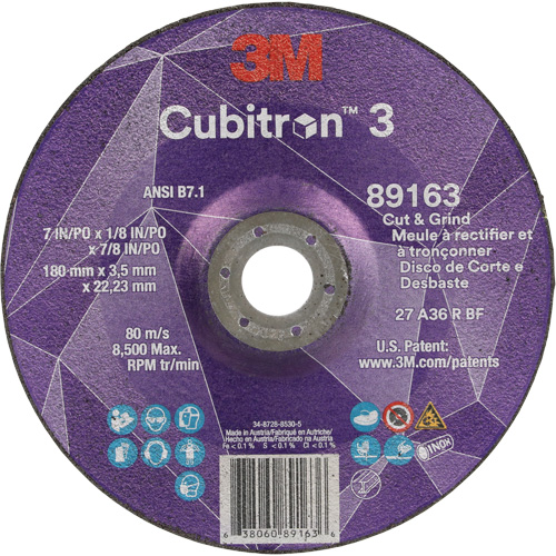 Cubitron 3 Cut and Grind Wheel, 7" x 1/8", 7/8" Arbor, Type 27, 36 Grit, Ceramic Haskins Industrial Inc.
