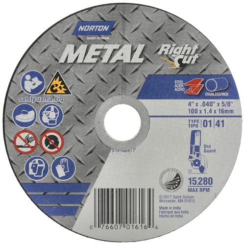 Meule &agrave; tronçonner m&eacute;tallique pour coupe &agrave; angle droit RightCut, 4-1/2" x 0,04", Arbre de 7/8", Type 01/41, Oxyde d'aluminium, 13580 Tr/min Haskins Industrial Inc.