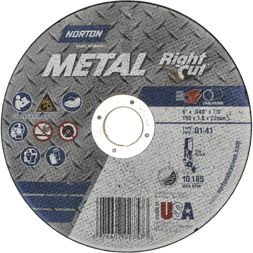 Metal RightCut Right Angle Cut-Off Wheel, 6" x 0.04", 7/8" Arbor, Type 01/41, Aluminum Oxide, 10185 RPM Haskins Industrial Inc.