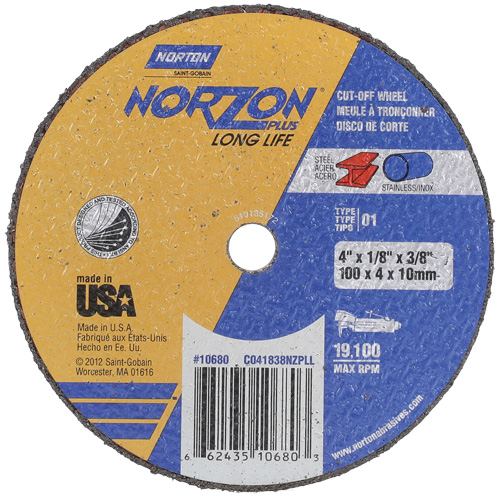 NorZon Plus SGZ CA Small Diameter Cut-Off Wheel, 4" x 1/8", 3/8" Arbor, Type 01/41, Ceramic Alumina, 19100 RPM Haskins Industrial Inc.
