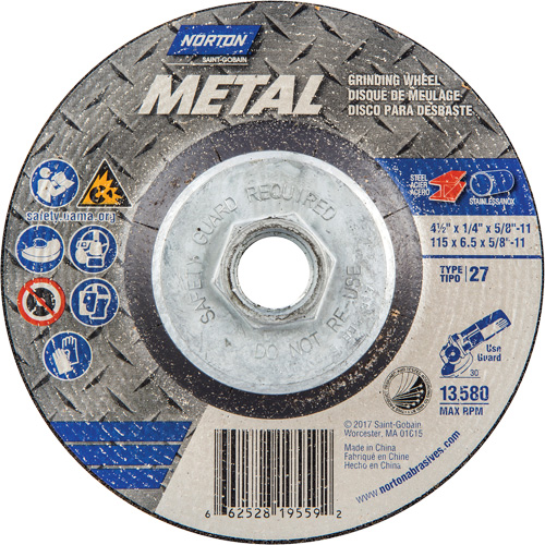 Meule pour le m&eacute;tal, 4-1/2" x 1/4", Arbre 5/8"-11, Oxyde d'aluminium, Type 27 Haskins Industrial Inc.
