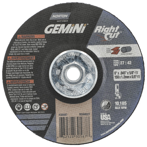 Gemini RightCut Right Angle Cut-Off Wheel, 6" x 0.045", 5/8"-11 Arbor, Type 27/42, Aluminum Oxide, 10185 RPM Haskins Industrial Inc.